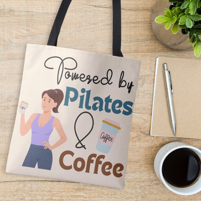 Powered by Pilates And Coffee Quote Fitness Yoga Tote Bag (Powered by Pilates & Coffee Pilates Quote Yoga Fitness Tote Bag)
