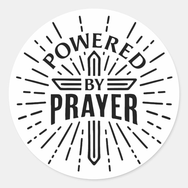 Powered by prayer classic round sticker (Front)