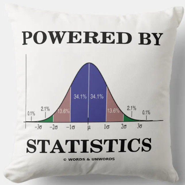 Powered By Statistics Bell Curve Stats Humour Cushion (Throw pillow featuring the bell curve (normal distribution curve) for anyone "Powered By Statistics")
