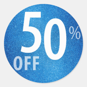 Powerful 50% OFF SALE Sign   Blue Glitter Classic Round Sticker