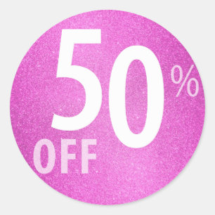 Powerful 50% OFF SALE Sign   Pink Glitter Classic Round Sticker
