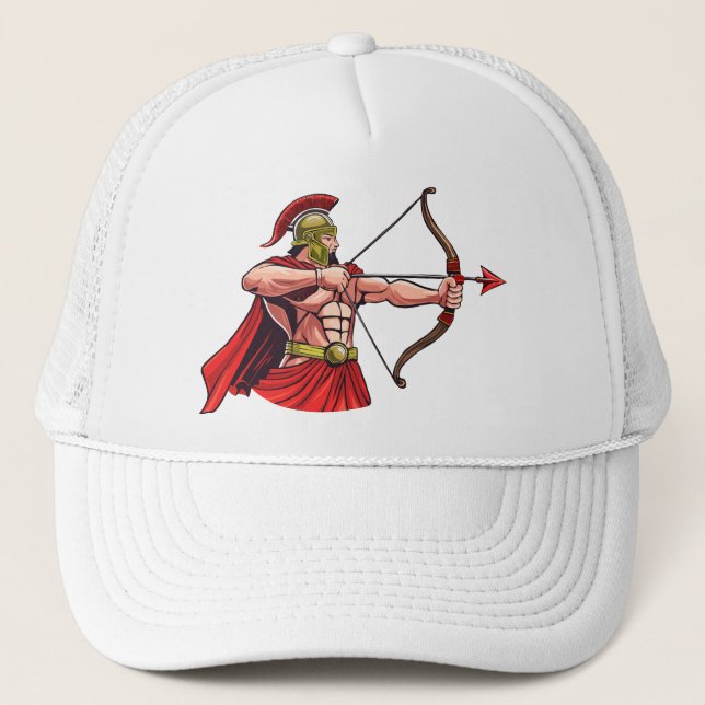 Powerful ancient warrior holding bow and arrow rea trucker hat (Front)