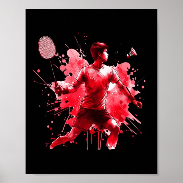 Powerful Badminton Player Red Splash Art  Poster (Front)