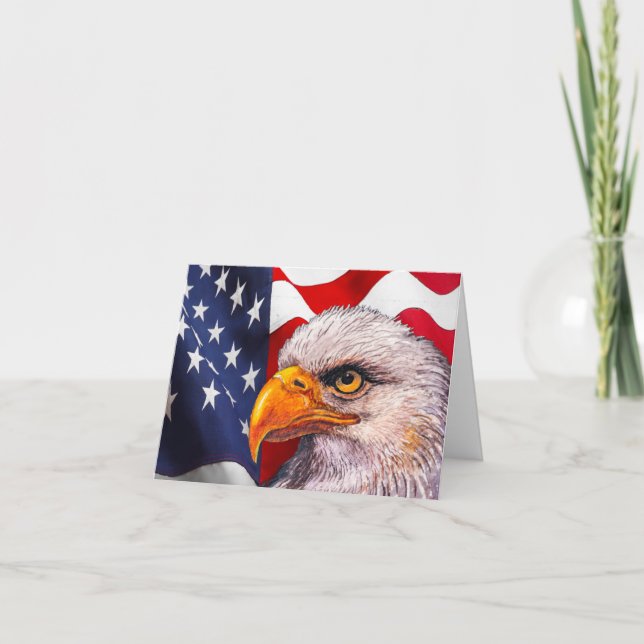 Powerful Bald Eagle and American Flag Note Card (Front)