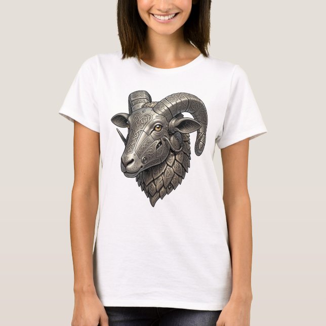 Powerful Celtic Silver Ram Head with Knot Patterns T-Shirt (Front)