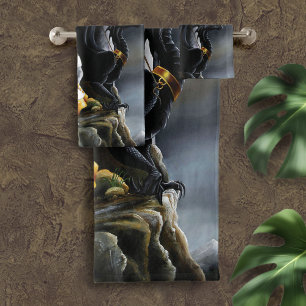 Powerful Fantasy Sorceress Black Dragon Guardian Bath Towel Set