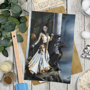 Powerful Fantasy Sorceress Black Dragon Guardian Tea Towel