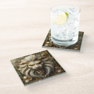 Powerful Golden Lion with Rich Ornamentation Glass Coaster