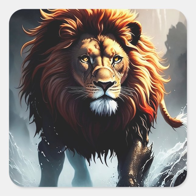 Powerful Lion Walking Over Water Square Sticker (Front)
