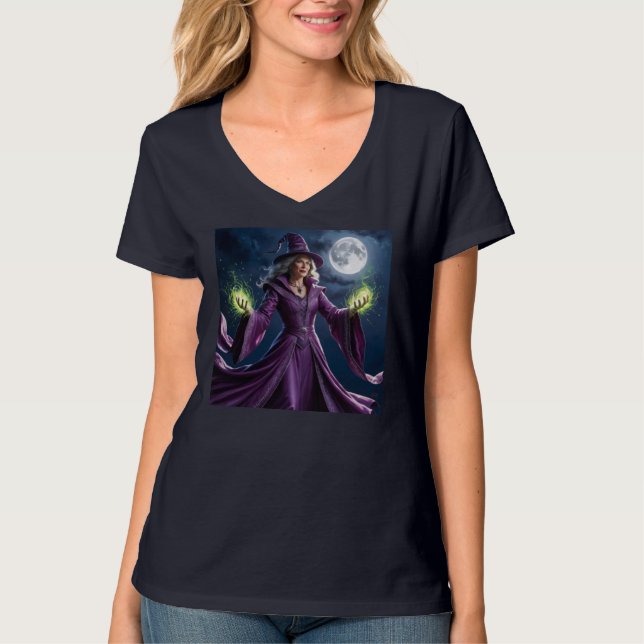 Powerful witch with green energy under the flat mo T-Shirt (Front)