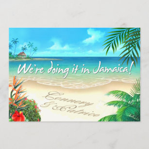 PR Exotic Beach Jamaican wedding get names in sand Invitation