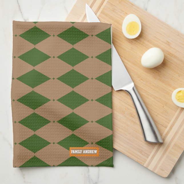 Practical colours brown and green big diamonds tea towel (Quarter Fold)