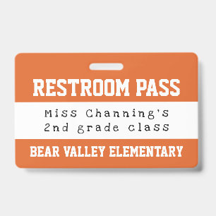 Practical Orange White School Restroom Pass ID Badge