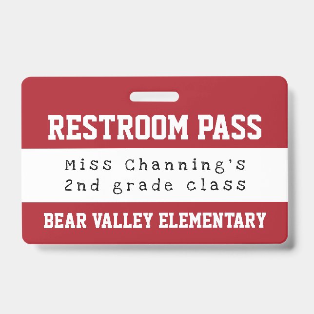 Practical Red White School Restroom Pass ID Badge (Front)
