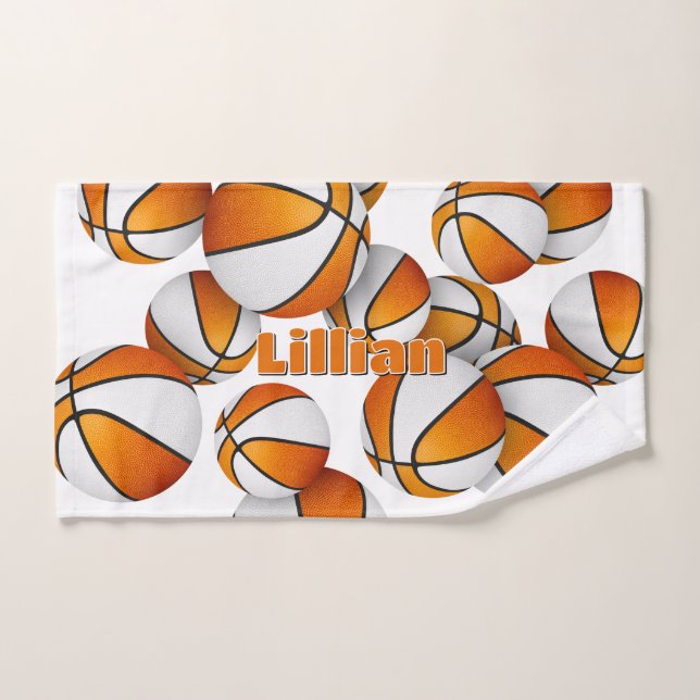 practical sports gifts orange white basketballs hand towel (Hand Towel)