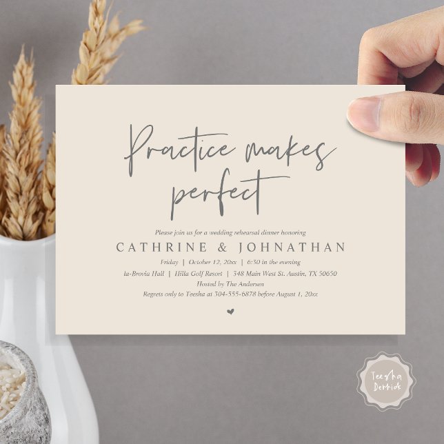 Practice makes perfect, Wedding Rehearsal Dinner Invitation (Practice Makes Perfect, Wedding Rehearsal Dinner Invitation Card, PDF, Modern Casual, Grey Cream)