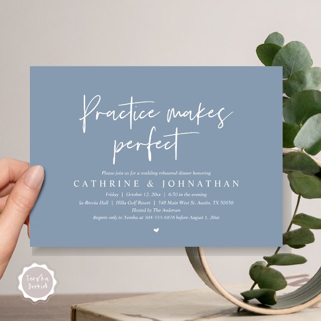 Practice makes perfect, Wedding Rehearsal Dinner Invitation (Practice Makes Perfect, Wedding Rehearsal Dinner Invitation Card, PDF, Modern Casual, Dusty Blue)