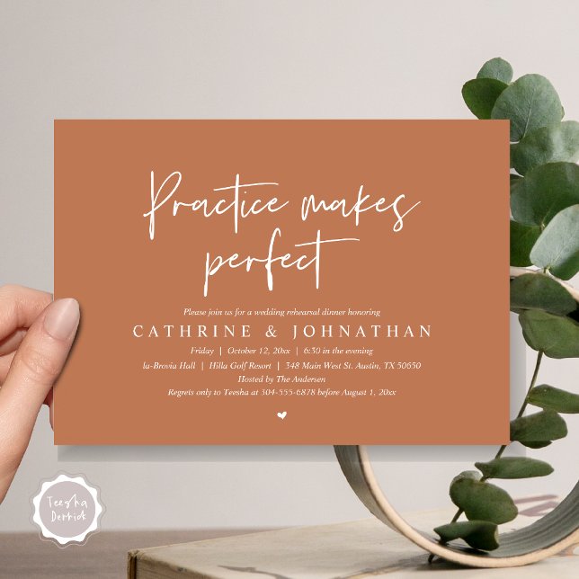 Practice makes perfect, Wedding Rehearsal Dinner Invitation (Practice Makes Perfect, Wedding Rehearsal Dinner Invitation Card, PDF, Modern Casual, Copper Rust)