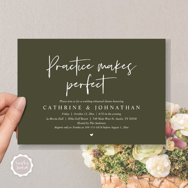 Practice makes perfect, Wedding Rehearsal Dinner Invitation (Practice Makes Perfect, Wedding Rehearsal Dinner Invitation Card, PDF, Modern Casual, Olive Green)