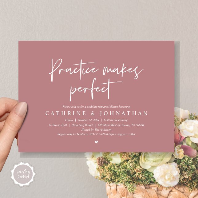 Practice makes perfect, Wedding Rehearsal Dinner Invitation (Practice Makes Perfect, Wedding Rehearsal Dinner Invitation Card, PDF, Modern Casual Dusty Rose Pink)
