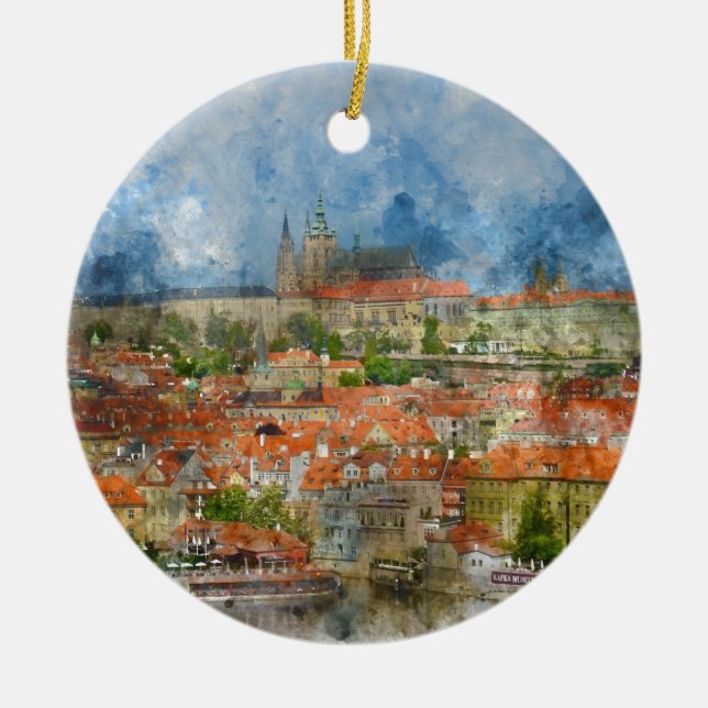 Prague Castle with famous Charles Bridge in Czech Ceramic Tree Decoration (Front)
