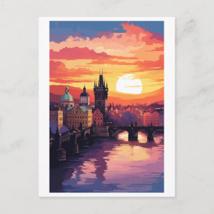 Prague Charles Bridge Sunset Vintage Travel Postcard