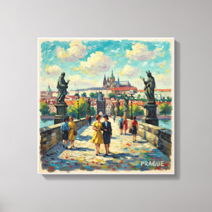 Prague Charles Bridge Vintage Scene Stretched Canv Canvas Print