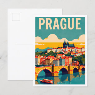 Prague Czech Art Vintage Illustration Travel Postcard