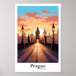 Prague Czech Art Vintage Travel Illustration Poster
