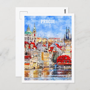 Prague Czech Famous Travel Watercolor Sketch Postcard