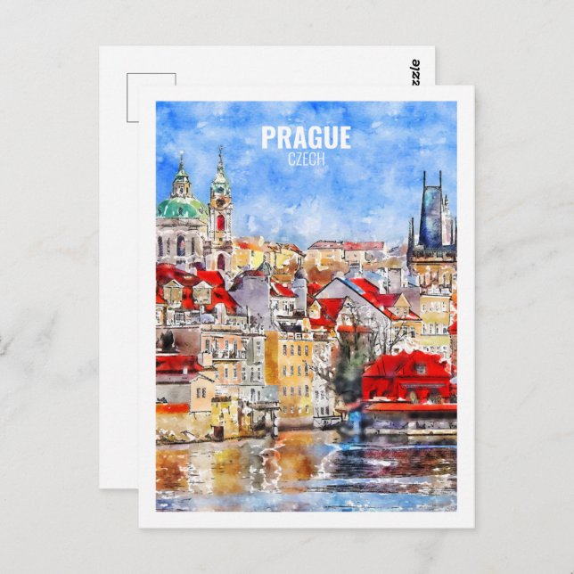 Prague Czech Famous Travel Watercolor Sketch Postcard (Front/Back)