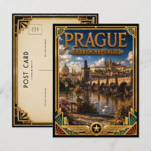 Prague Czech Republic Vintage Old Town Skyline Art Postcard