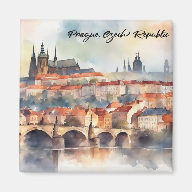 Prague Czech Republic Watercolor Panorama View Magnet (Front)