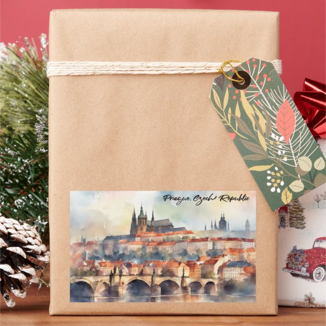 Prague Czech Republic Watercolor Panorama View Rectangular Sticker (Holiday)