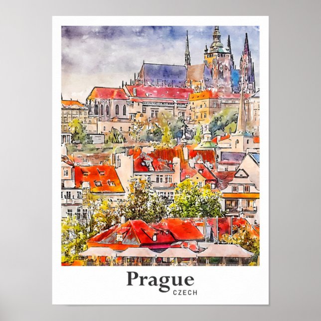 Prague Czech Travel Watercolor Hand Drawn Poster (Front)