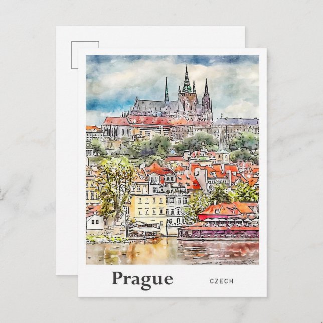 Prague Czech Travel Watercolor Sketch Hand Drawn Postcard (Front/Back)