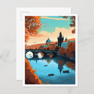 Prague Czech vintage travel illustration Postcard