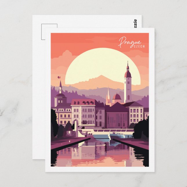 Prague Czech vintage travel place illustration Postcard (Front/Back)