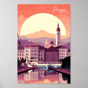 Prague Czech vintage travel place illustration Poster