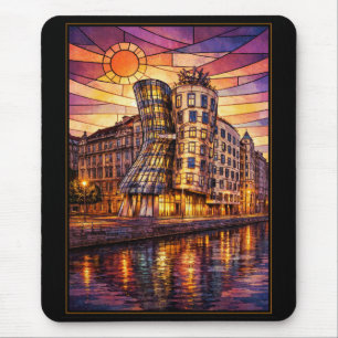 Prague Dancing House Stained Glass Sunset Mouse Pad