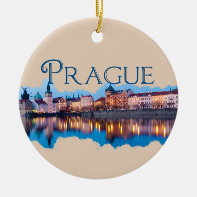 Prague: Evening Skyline Ceramic Tree Decoration (Front)