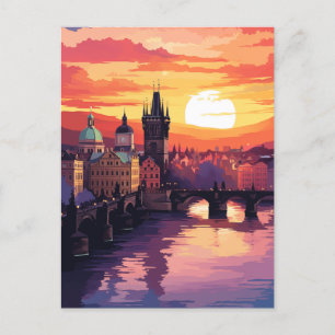 Prague in Flames of Sunset Holiday Postcard