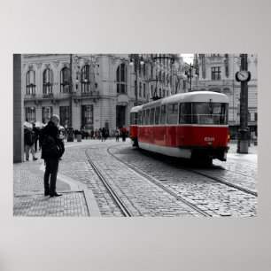 Prague Red Tram Pop: Selective Colour Poster
