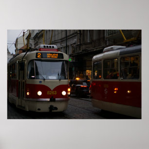 Prague Trams: Dusk on the Cobblestones Poster