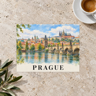 Prague Watercolor Charles Bridge Travel Postcard