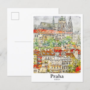 Praha Czech Art Travel Watercolor Hand Drawn Postcard