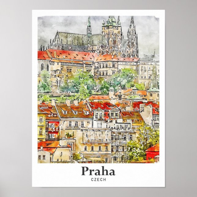 Praha Czech Art Travel Watercolor Hand Drawn Poster (Front)
