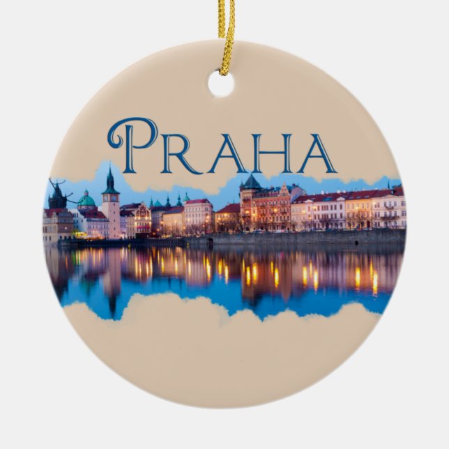 Praha: Evening Skyline Ceramic Tree Decoration (Front)