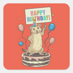 prairie dog standing on cake happy & birthday sign square sticker