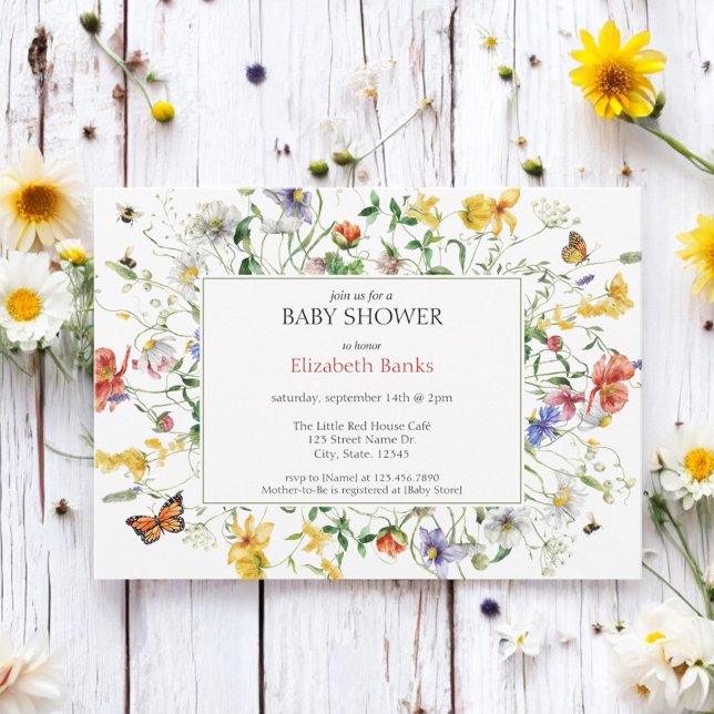 Prairie Wildflowers, Bees, Butterflies Baby Shower Invitation (Creator Uploaded)